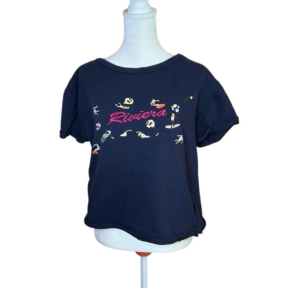 Maeve Anthropologie Beach Embroidered Sweatshirt Tee Riviera Cotton Shirt Sz XS - Picture 2 of 9